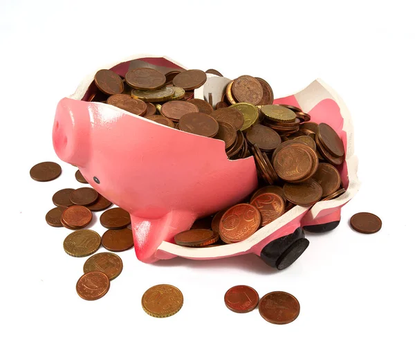 Crashed Piggy Bank Coins Isolated White Backrgound — Photo