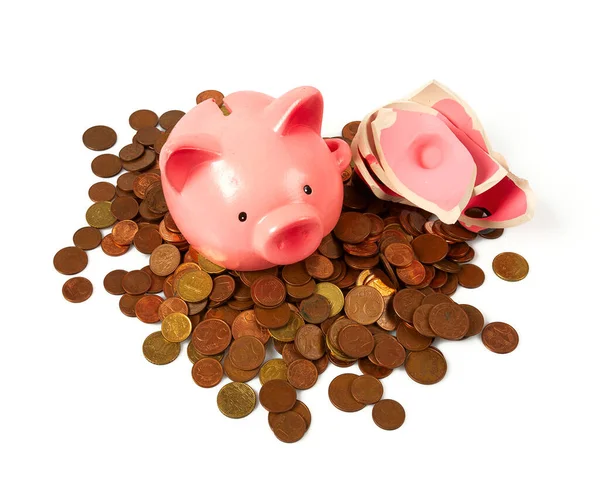 Crashed Piggy Bank Coins Isolated White Backrgound — Fotografia de Stock