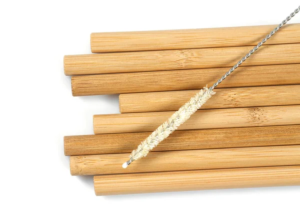 Palhas Bambu Isoaltadas Sobre Fundo Branco Palhas Para Beber Madeira — Fotografia de Stock