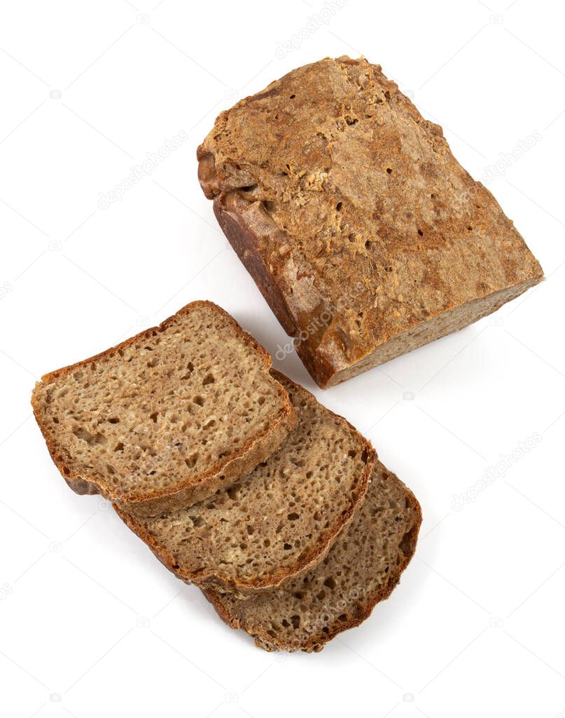 pieces of home made rye bread isolated on white background, top view