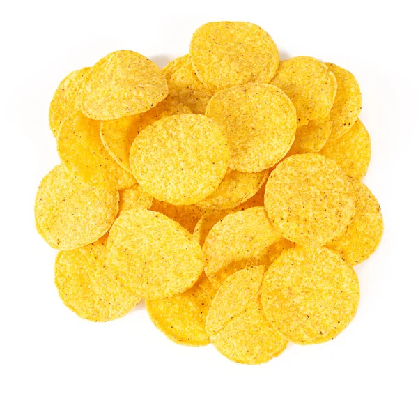 Chips Milho Redondo Isolado Fundo Branco Vista Superior — Fotografia de Stock