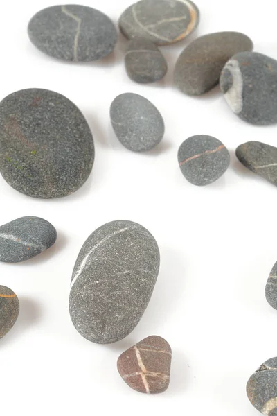 Grey Pebbles Isolated White Background Grey Sea Stones White Stripes — Stock Photo, Image