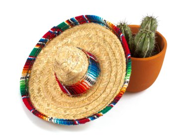 Kaktüslü seramik tencere ve beyaz arka planda izole edilmiş minyatür sombrero.