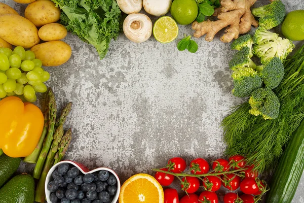 Frutas Verduras Frescas Dispuestas Como Marco Espacio Vacío Para Texto —  Fotos de Stock