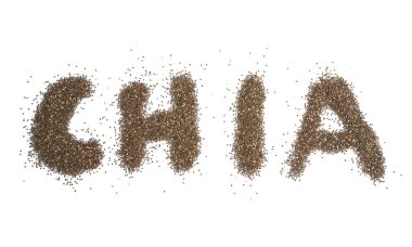 Beyaz arkaplanda 'chia tohumu' olarak sıralanmış Chia tohumları.