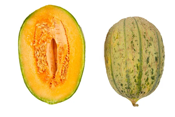 Ripe Freshly Cut Melon Orange Flesh Isolated White Background — Stock Photo, Image