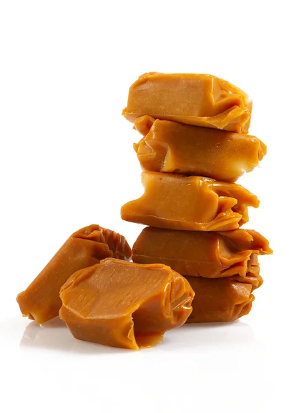 Soft Caramel Candies Butterscotch Toffee Pieces Isolated White Background — Stock Photo, Image