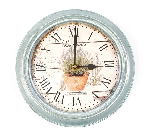 Schöne Vintage Uhr Mit Lavendelblüten Isoliert Auf Weißem Hintergrund — Stockfoto