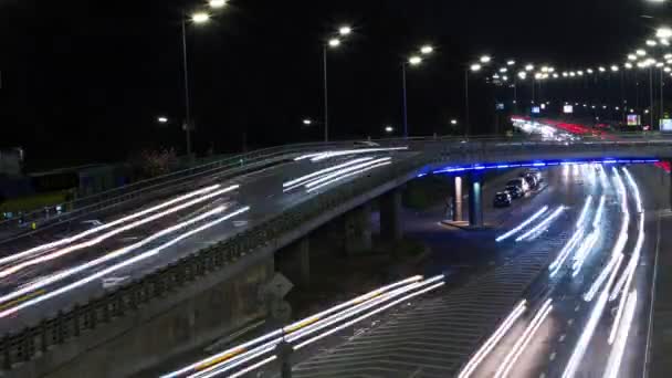 Огни Машин Дороге Большого Ночного Города Временной Интервал Мост — стоковое видео