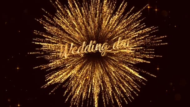 Letras Dia Casamento Com Fogos Artifício Estrelas Cor Dourada — Vídeo de Stock