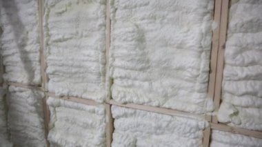 İnşaatçı, ahşap bir evin duvarını özel köpükle yalıtıyor.