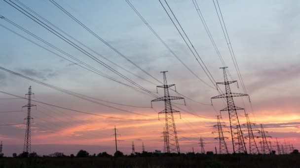 Grandes Pilones Líneas Eléctricas País Contra Fondo Una Puesta Sol — Vídeos de Stock