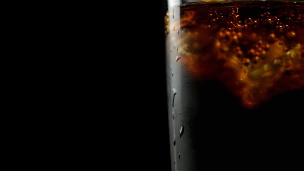 Glass Whiskey Soda Ice Cubes Bubbles Black Background — Stock Video