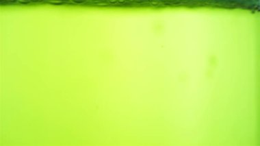 Birçok kabarcık yeşil suda hızla yüzer.