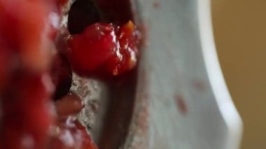 Domatesler evdeki meyve sıkacağında lezzetli ve sağlıklı domates suyuna dönüştürülür. Domates suyu. Cesedin oksijensizleştirilmesi. Meyve suyu. Makro manzara. Meyve suyu akıyor.