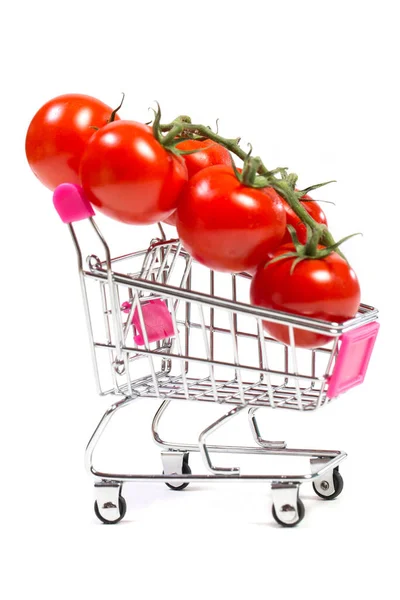 Tomates Cereja Carrinho Compras Fundo Branco — Fotografia de Stock