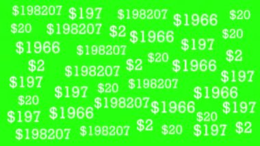 Farklı boyutlarda geri sayım dolarları, beyaz renk, yeşil arkaplan, birçok rakam, ekonomi.