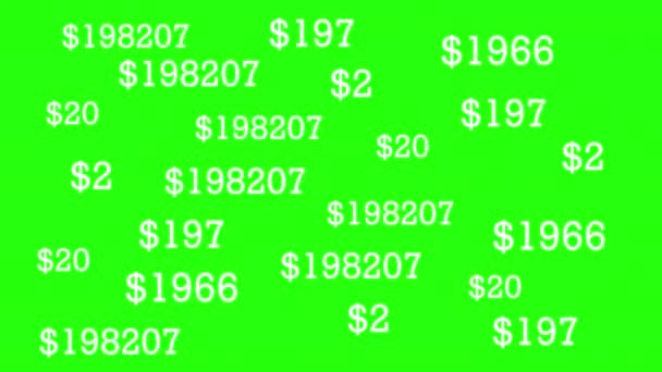 異なるサイズのドルのカウントダウン 白い色 緑の背景 多くの数字 — ストック動画