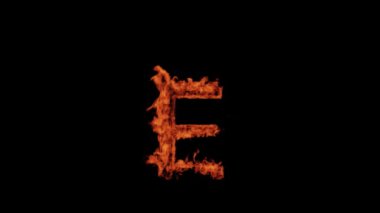 The capital letter E burns with fire on a black background, the letter burns
