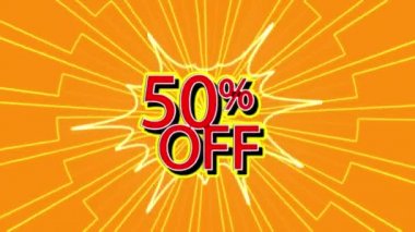 Neon yazıtlar% 50 indirim, sarı arkaplan, çizgi roman tarzı