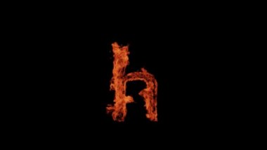 The small letter h burns with fire on a black background, the letter burns, the alphabet