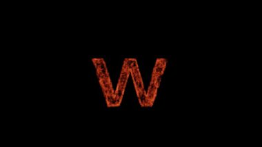 The small letter w burns with fire on a black background, the letter burns, the alphabet