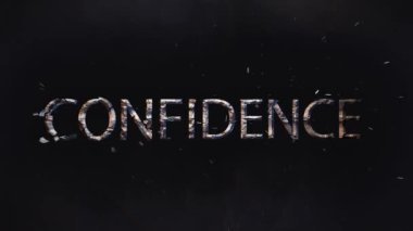 The word confidence breaks into pieces, black background, logo