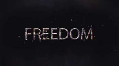 The word FREEDOM breaks into pieces, black background, logo