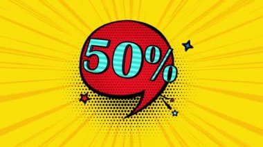 50 percent in pop art style, yellow background