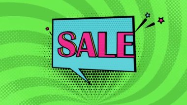 Sale in pop art style, green background is spinning