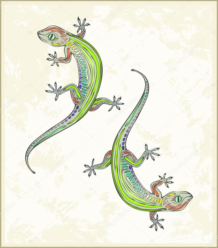 Illustration lizard. Greeting card with two gecko. Animal – lizard, gecko, vector.