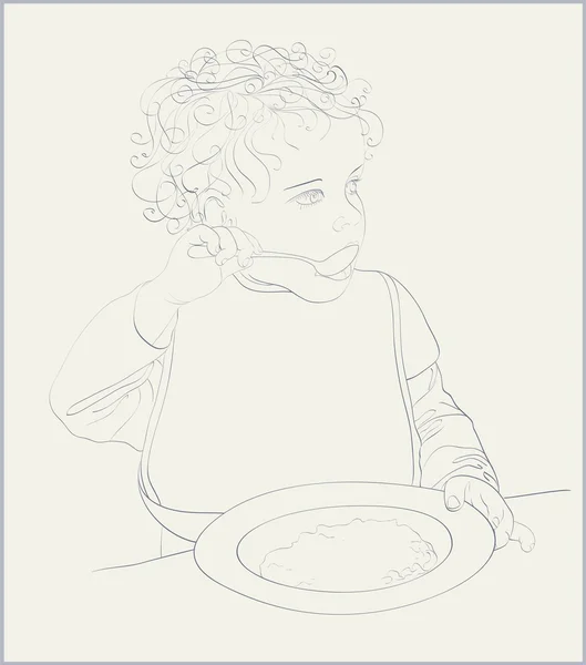 Little girl eats porridge. Toddler girl feeding herself with a spoon of porridge. — Stock Vector