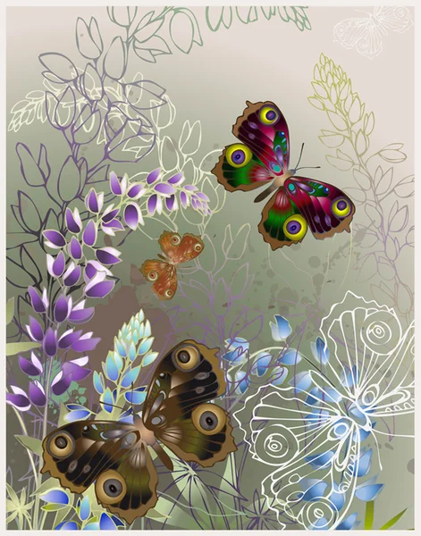 Grußkarte mit Schmetterlingen und Blumen. — Stockvektor