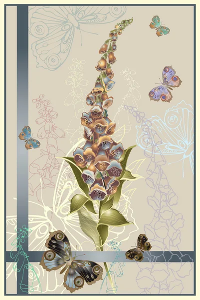 Tarjeta de felicitación con un extremo de las mariposas de foxglove. Zorro ilustración Vectores De Stock Sin Royalties Gratis