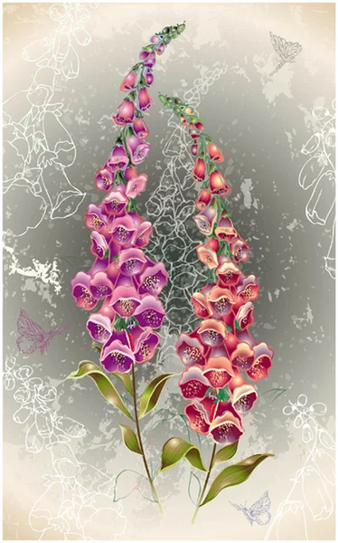 Tarjeta de felicitación con un extremo de las mariposas de foxglove. Zorro ilustración — Archivo Imágenes Vectoriales