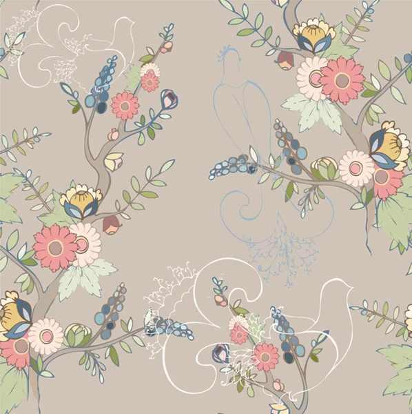 Fond sans couture. Illustration arbre et oiseau en fleurs . — Image vectorielle