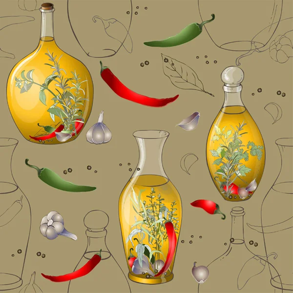 Bezešvé background.illustration koření, pikantní bylinky, olivový o — Stockový vektor