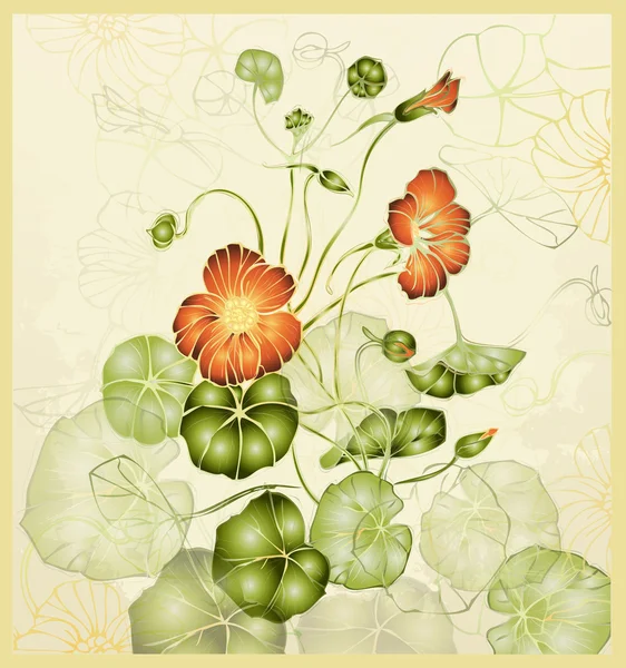 Tarjeta de felicitación con capuchina. Ilustración nasturtium. Beauti. — Archivo Imágenes Vectoriales