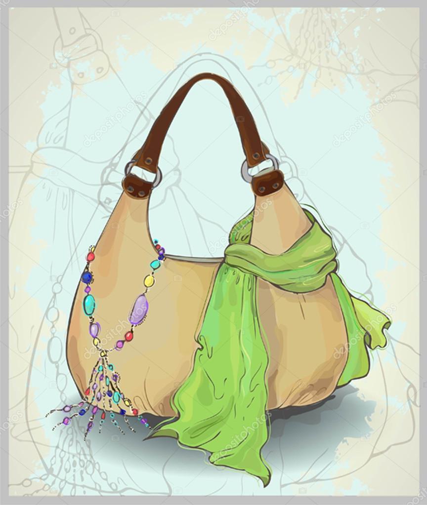Greeting card with a scarf, a bag and costume jewelry. Illustrat