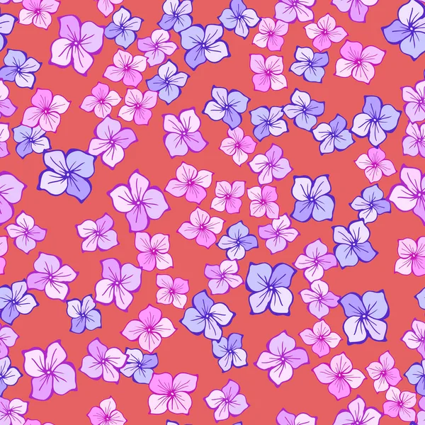 Ditsy blommig sömlös mönster. Vektor hand dras linje konst illustration. Sommaren söta rosa blommor. Textur för tryck, tyg, textil, tapet. — Stock vektor