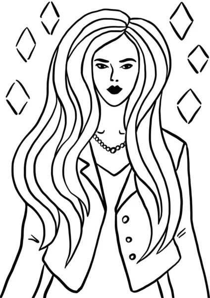 Coloring page with portrait of young woman with long hair in blazer in fashion style. Hand drawn vector illustration. Monochrome black and white ink sketch. Line art. — Stock Vector