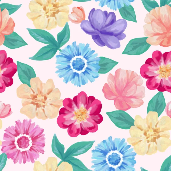 Blommigt sömlöst mönster. Pastell blommor pion, Gerbera. Konstnärlig handritad illustration. Textur för tryck, tyg, textil, tapet. — Stockfoto