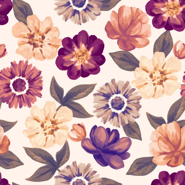 Blommigt sömlöst mönster. Pastell bleknade blommor pion, Gerbera. Konstnärlig handritad illustration. Textur för tryck, tyg, textil, tapet. — Stockfoto