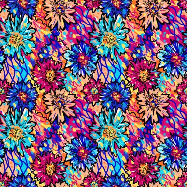 Kusursuz desenli renkli soyut çiçekler. Pembe mavi turuncu renkler. Baskı, kumaş, tekstil, duvar kağıdı dokusu.