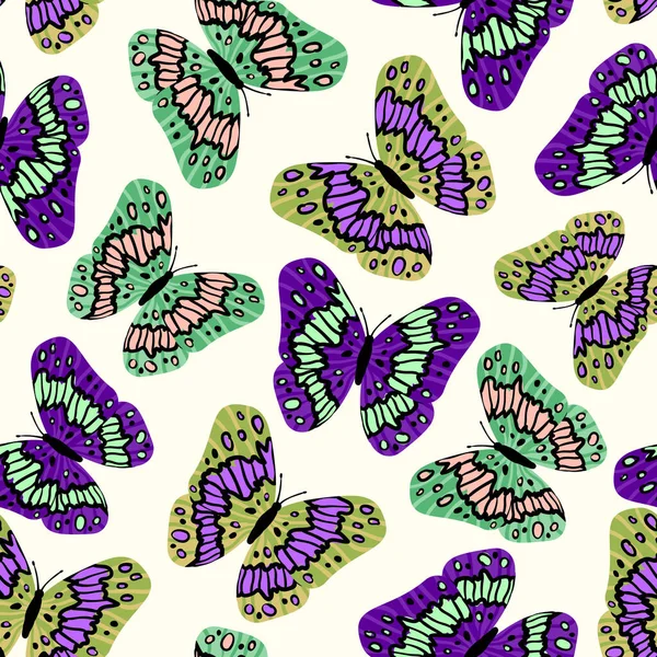 Düz modern tarzda renksiz kelebeklerle kusursuz bir desen. Arka plan için el çizimi vektör çizimi. Baskı, kumaş, tekstil, duvar kağıdı dokusu. — Stok Vektör