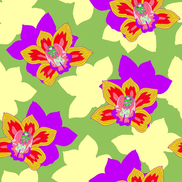 花の植物シームレスなパターンを蘭。明るい色だ。手描きベクトルイラスト。プリント、ファブリック、テキスタイル、壁紙のためのテクスチャ. — ストックベクタ