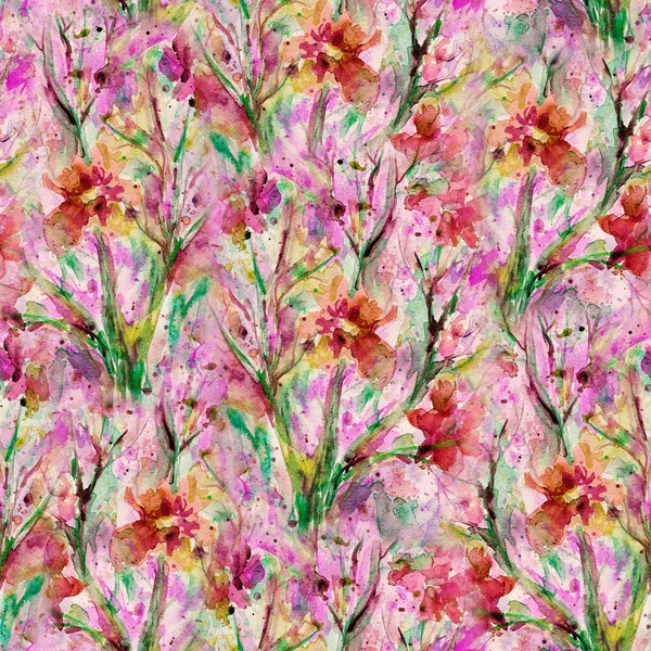 Floral seamless pattern. Watercolor artwork background. Flowers and herbs. Bohemian boho style print. Abstract meadow field. Emotional painting. — Stock Photo, Image