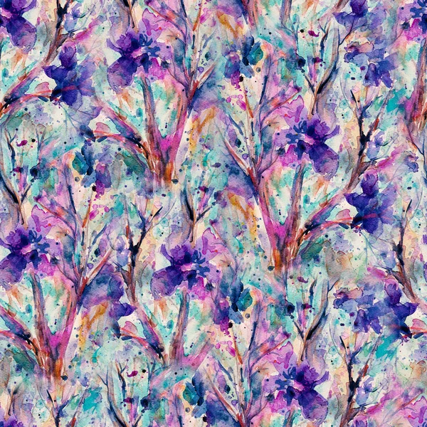 Patrón sin costura floral. Fondo de obras de arte de acuarela. Flores y hierbas. Estampado bohemio de estilo boho. Campo de pradera abstracto. Pintura emocional. — Foto de Stock