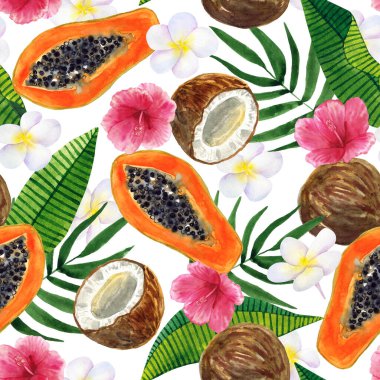 Tropik, pürüzsüz bir arka plan. Güzel suluboya egzotik yapraklı desen papaya, hindistan cevizi, amber, tesisat. Botanik el çizimi çizimi. Baskı, tekstil, kozmetik ürünleri, paketleme.