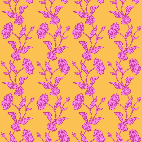 Bloemen naadloos patroon. Prachtige botanische herhaling textuur met takken, bladeren en bloemen voor print, stof, textiel, behang in zachte kleuren. Met de hand getekend inkt illustratie in lijn kunst stijl. — Stockvector